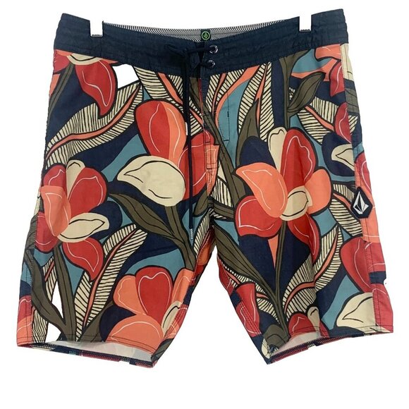 Volcom Mens Red Blue Floral Board Swim Shorts Surf Size 31 Vacation Tropical EUC - Picture 1 of 8